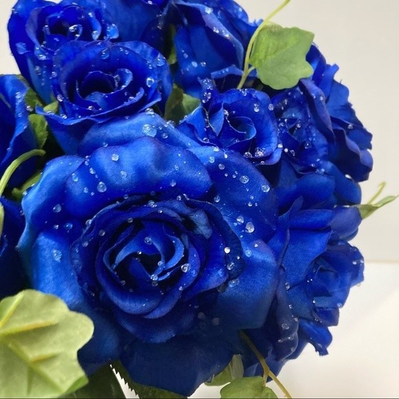 Blue Roses Artificial Flowers Dew Drop Rain Drop 2 Bunches 16" - Picture 1 of 15